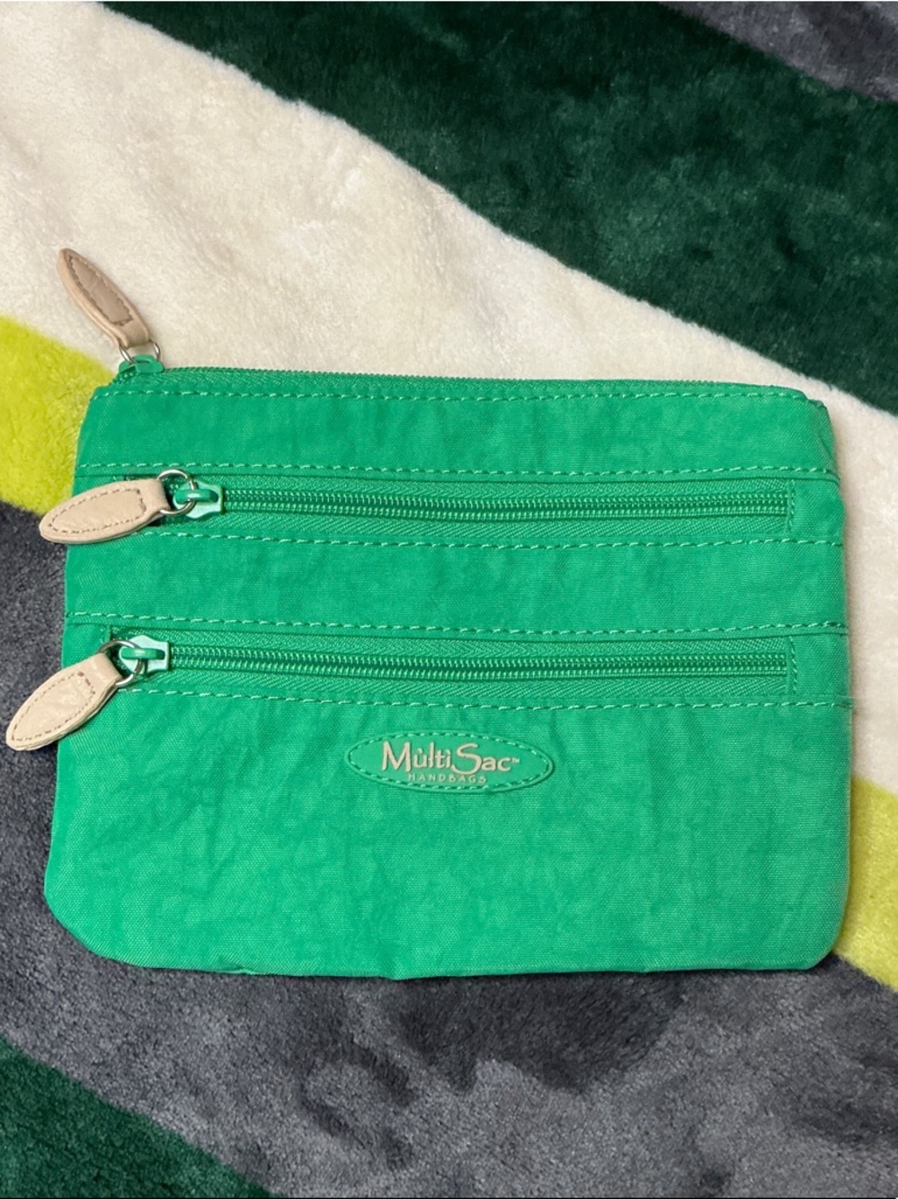 MultiSac Green Nylon Zip Cosmetic Pouch with Dual Exterior Zippers